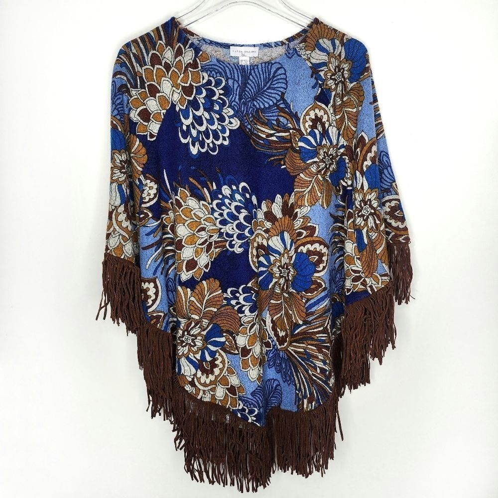 Susan Graver Floral Knit Poncho Fringe Trim Blue Brown XS/S Boho Layering Top‎